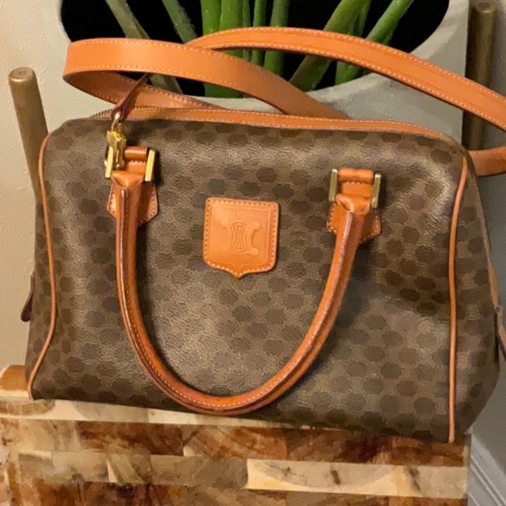 Celine Brown Tan Satchel with Monogram Design